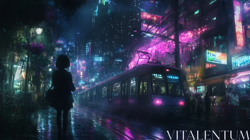 Neon rain-drenched tramway and lone dreamer in cybercity night.