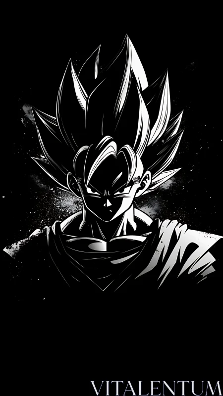 Anime warrior silhouette in stark black and white portrait.