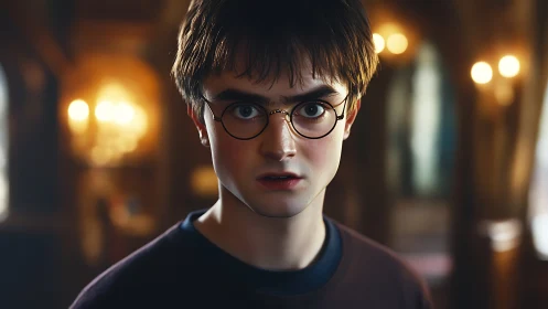 Young man with round glasses in warm candlelit hall.