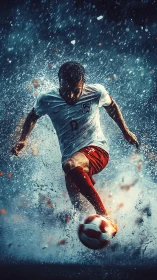 Dynamic digital painting of soccer striker in storm spray.
