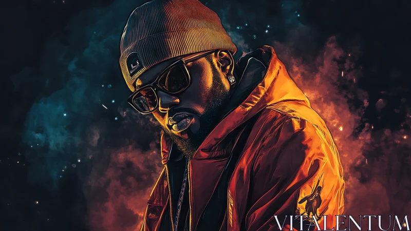 Stylized hip hop portrait in orange jacket and beanie.