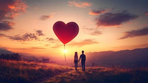 Couple with red heart balloon at sunset.