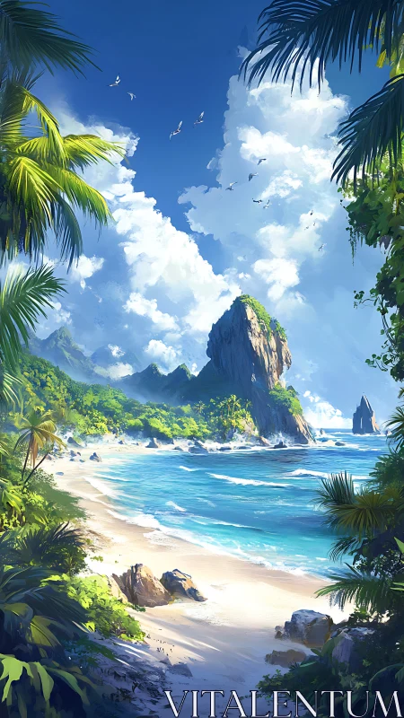 Tropical Paradise: Digital Rendering of Island Cove with Cliff Formation.