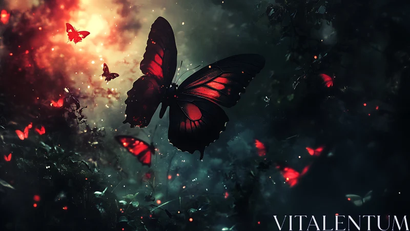 Luminous red butterflies drift through dark enchanted forest