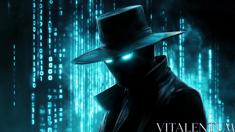 Cyber-noir hacker silhouette dominates neon data matrix field
