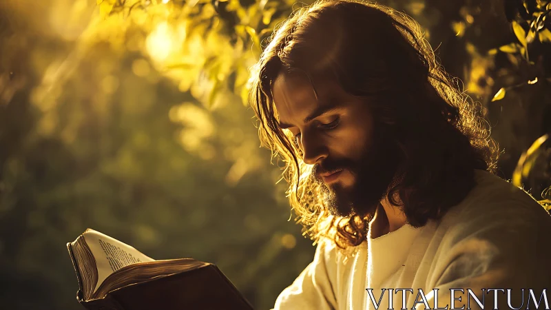Devotional figure reading in golden backlit garden glow.