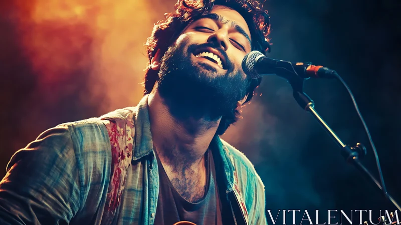 Male musician singing into stage microphone under colored light.