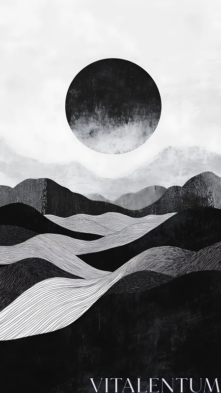 Monochrome eclipse above layered abstract ridge waves.