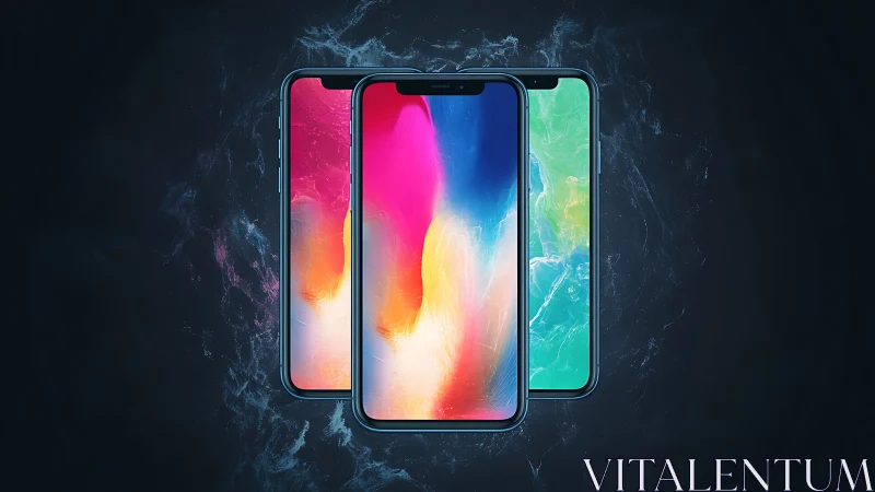Bezel-less smartphones with glowing abstract neon displays.