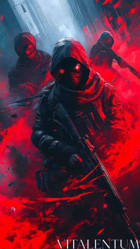 Hooded armed figures advance through red smoke in alley