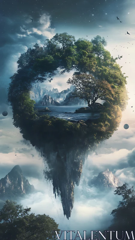 Floating ring-shaped island with dense trees and water