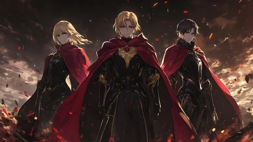Anime triptych of armored leaders in ember-lit battle sky.