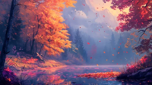 Autumn river valley renders atmospheric depth with layered foliage