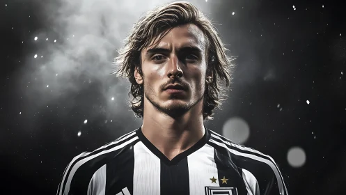 Stormlit striker in monochrome jersey claiming the night.