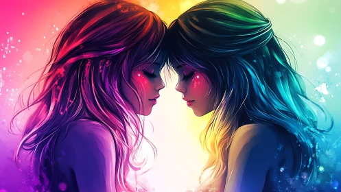 Dual Profile Luminescence: Neon-Rendered Face Study with Chromatic Gradient Overlay