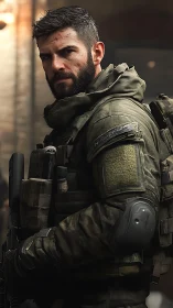 Steady soldier pauses with calm focus in tactical gear