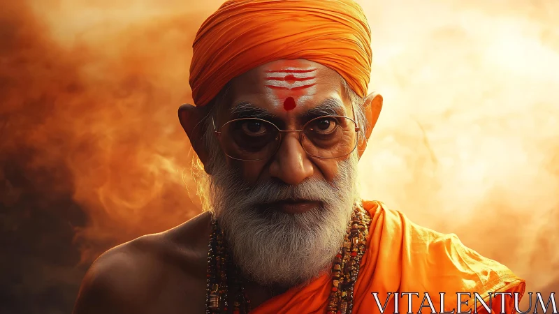 Elderly Hindu sage in saffron robes under dramatic warm backlight