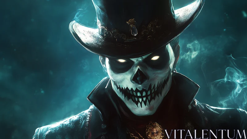 Sinister skeletal gunslinger in glowing teal mist portrait.