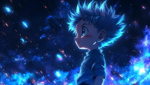 Blue haired anime boy looks into glowing cosmic sky.