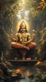 Golden forest deity in serene waterfall-lit shrine.