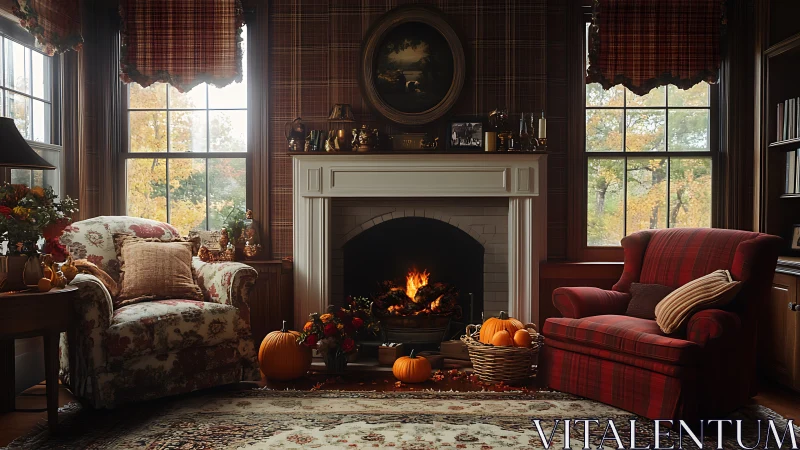 Autumn pumpkins quietly orbit a firelit, plaid-wrapped hearth