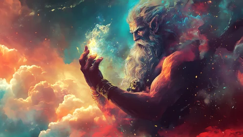 Cosmic god conjures swirling starlight above radiant clouds