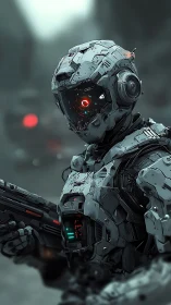 Curious combat android pauses in a misty futuristic battlefield.