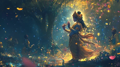Divine figure playing flute amid illuminated forest scene.