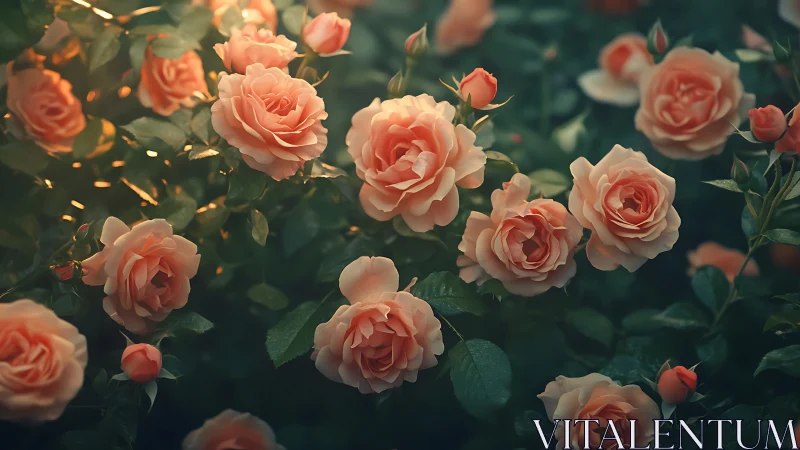 Coral Garden Roses in Warm Sunlight Glow.