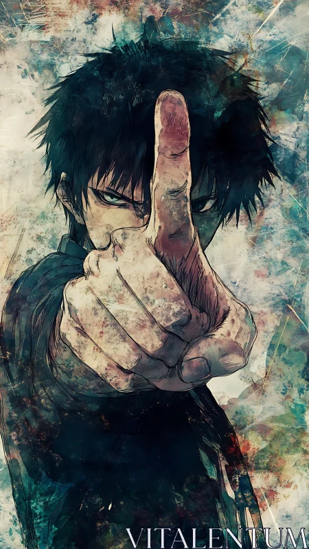 Intense anime hero points forward with gripping determination