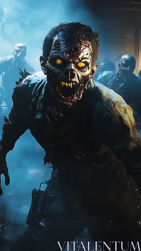 Ferocious undead horde lunging through cinematic blue fog.