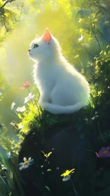 White cat sits on mossy rock under golden forest light