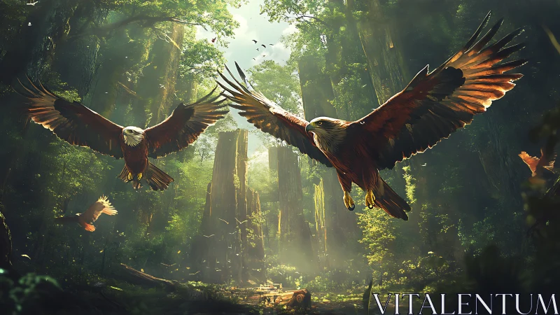 Majestic Eagles Soaring Over Lush Forest in Digital Art Style.