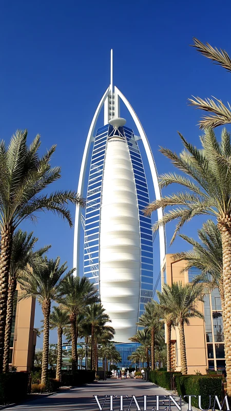 Sail-shaped high-rise hotel framed by palm-lined pathway.