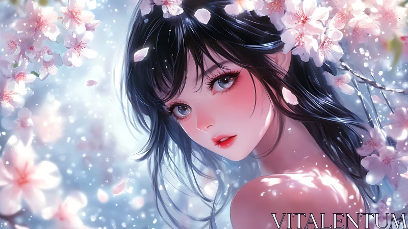 Digital portrait shows female figure amid cherry blossoms