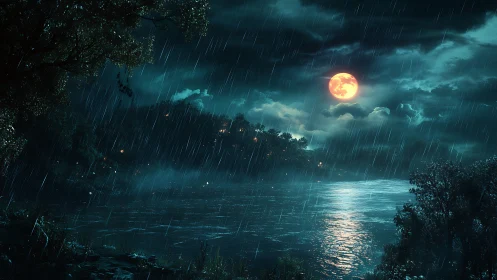 Luminous red moon above stormy riverside forest in rain