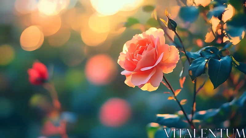 Golden-Lit Rose in Bloom Against Soft Garden Bokeh.
