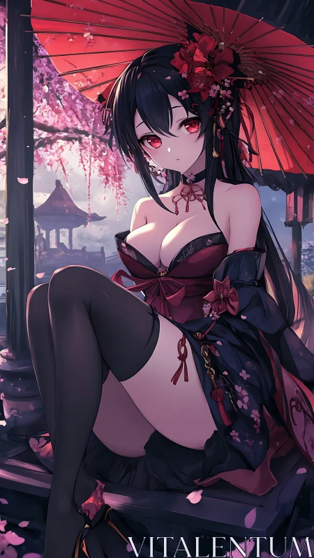 Anime woman with red umbrella sits in cherry blossom garden