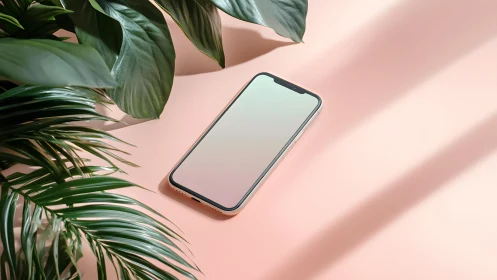 Modern smartphone on pastel pink desk with tropical leaves, minimal style.