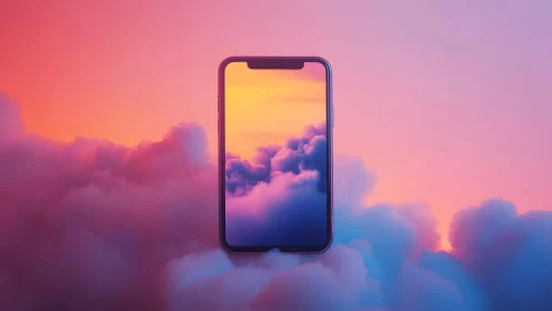 Smartphone floating in dreamy pastel clouds, surreal digital art.