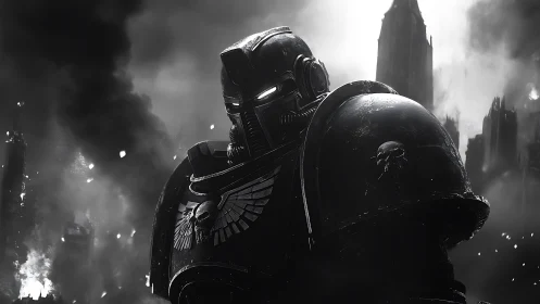 Armored guardian rising through smoke and shattered city light.