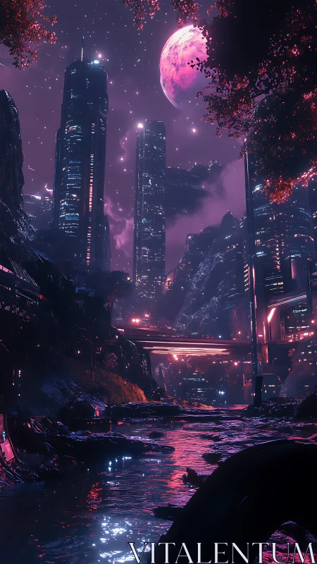 Neon city river under a dreamy pink alien moon at dusk.
