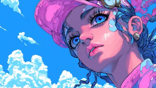 Vibrant anime girl portrait under bright summer sky.