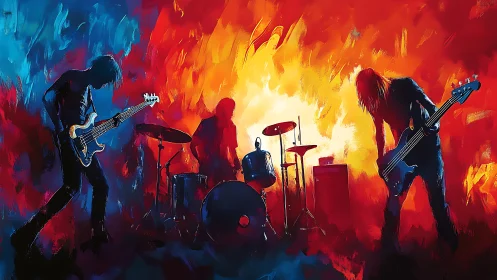 Rock band glowing in fiery blue and orange stage light.