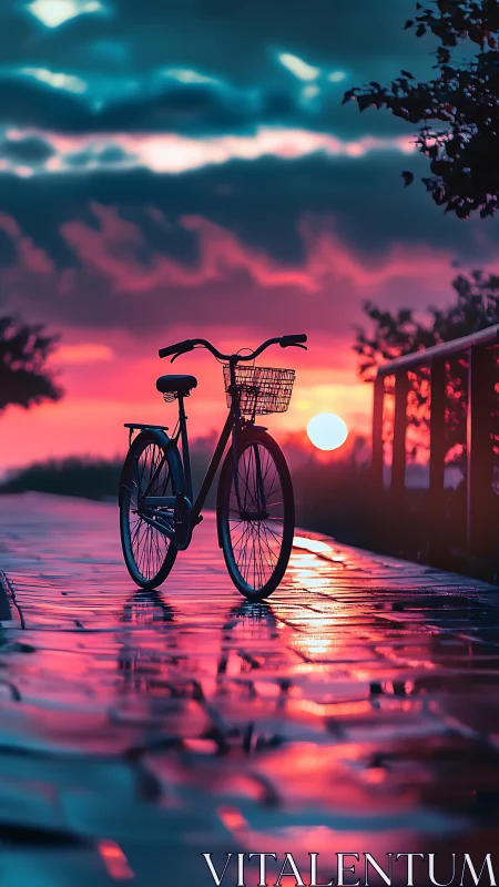Bicycle silhouetted against burning sunset over wetland.