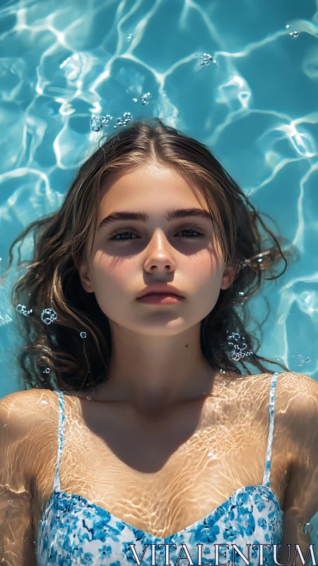 Girl floats in sunlit pool with rippled reflections