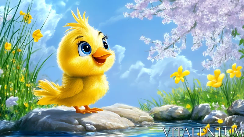 Sunny little chick by a sparkling springtime stream.