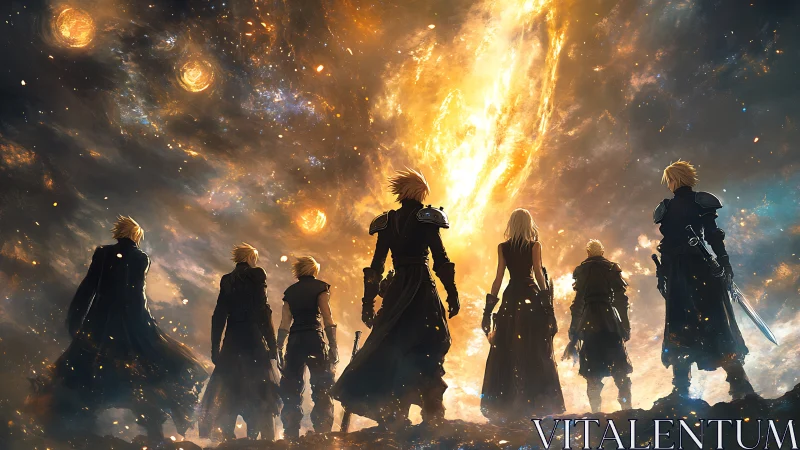 Group of figures facing luminous cosmic vortex in sky.