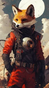 Anthropomorphic fox astronaut in red suit under full moon.
