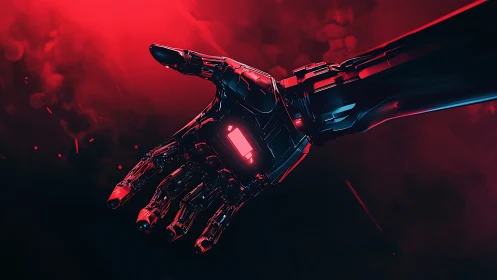 Robotic hand in red neon light with dark tech details.
